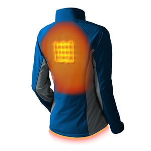 Back view of a blue Gobi Heat jacket showing internal heating element location