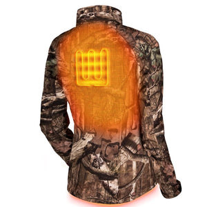 Back view of a camouflage heated jacket with a glowing orange heating element visible on the upper back