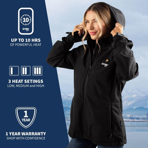Woman wearing Gobi Heat black heated jacket with 10 hour battery life three heat settings and one year warranty