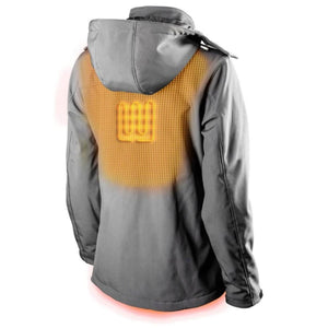 Back view of a Gobi Heat grey hooded jacket showing orange heating elements on the upper back