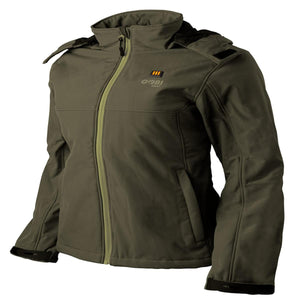 Gobi Heat olive green women's heated softshell jacket with front zipper and hood
