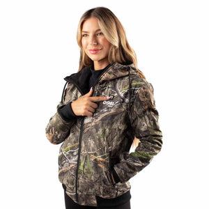 Woman wearing a Gobi Heat camouflage hooded jacket with black trim