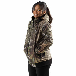 Woman wearing a Gobi Heat camouflage hooded jacket