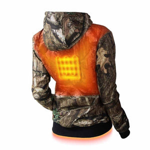 Back view of Gobi Heat camo heated hoodie with glowing orange heating element visible on the back