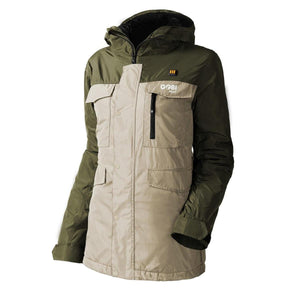 Gobi Heat olive and tan hooded utility jacket with front pockets and zipper closure