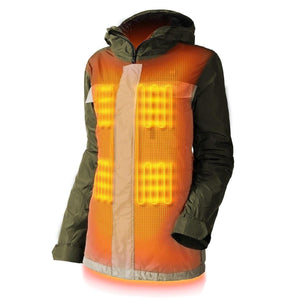 Olive green hooded jacket with internal heating elements highlighted in orange