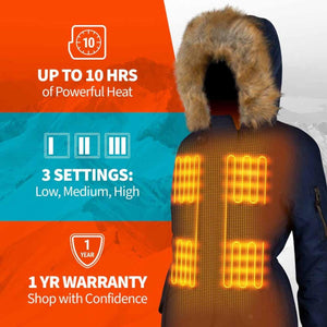 Gobi Heat jacket features 10 hours of heat, 3 settings, and a 1 year warranty
