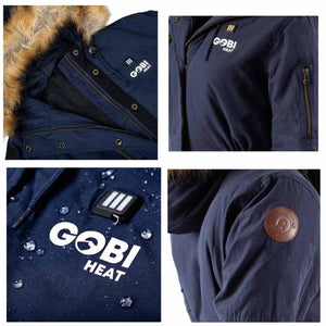 Gobi Heat navy parka details showing fur hood, zipper, water resistant fabric, and branding