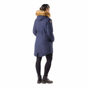 Back view of a person wearing a navy blue parka with a faux fur hood trim and black leggings