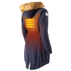 Gobi Heat navy parka with glowing back heating element and faux fur hood