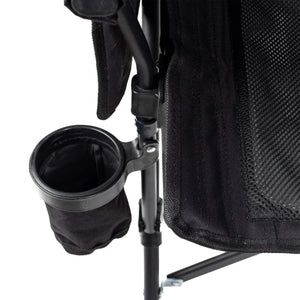 Black cup holder attached to a Gobi Heat camping chair frame