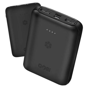 Two black Gobi Heat portable power banks with USB ports and LED battery indicators