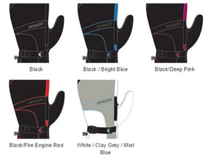 Gordini mittens in five color variations including black, blue, pink, red, and grey