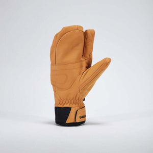 Tan leather Gordini lobster claw mitten with black cuff and velcro strap