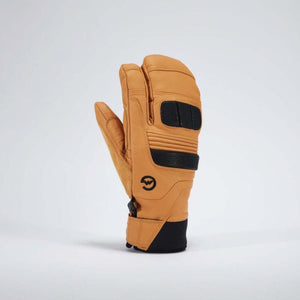 Gordini tan leather three finger ski mitten with black protective padding and wrist cuff