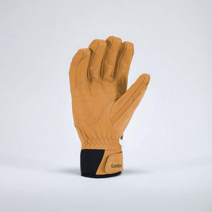 Tan leather Gordini glove with black wrist cuff and hook and loop closure
