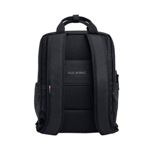 Back view of black Got Bag backpack with padded straps and Create An Impact text