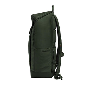 Side view of a dark green Got Bag backpack with padded shoulder straps