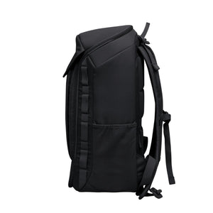 Side view of a black Got Bag backpack with mesh side pocket and adjustable straps