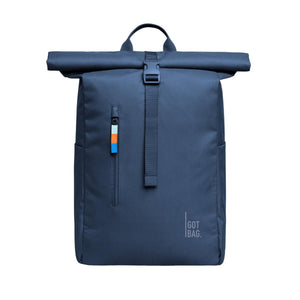 Got Bag navy blue rolltop backpack with front zipper pocket and buckle closure