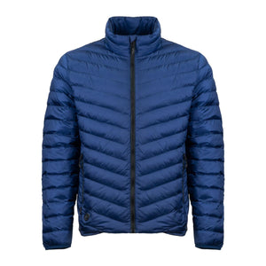 Mobile Warming blue quilted puffer jacket with a high collar and front zipper