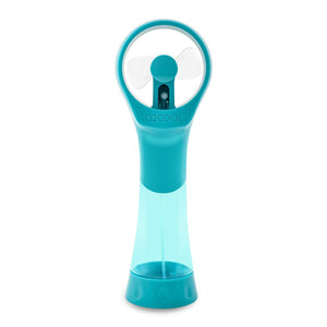 O2 Cool teal handheld misting fan with clear water reservoir