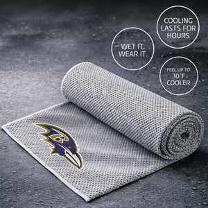 AlphaCool Baltimore Ravens cooling towel with text overlays explaining cooling benefits