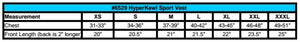 HyperKewl sport vest size chart showing chest and length measurements for sizes extra small to triple extra large