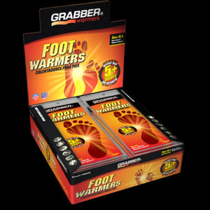 Grabber foot warmers display box containing multiple pairs of air activated heat packs