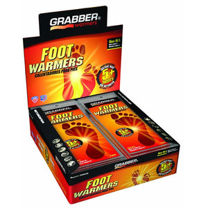 Grabber foot warmers display box containing multiple pairs of air activated heat packs