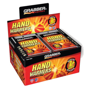 Grabber hand warmer display box containing multiple air activated hand warmer packets