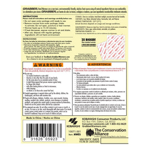 Grabber hand warmer packaging back label with instructions warnings and product information