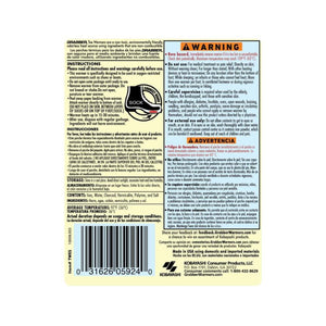 Grabber toe warmer product label with instructions and safety warnings