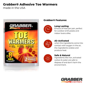 Grabber adhesive toe warmers packaging with features list including long lasting heat and air activated technology
