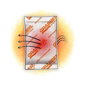 Grabber hand warmer packet radiating heat with directional arrows