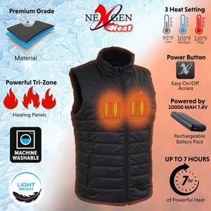 NexGen heated vest features with three heat settings, rechargeable battery, and machine washable material