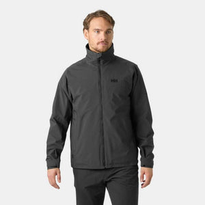 Man wearing a black Helly Hansen rain jacket with a high collar and front zipper