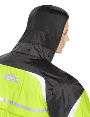 Tourmaster high visibility yellow and black motorcycle rain jacket with hood on mannequin