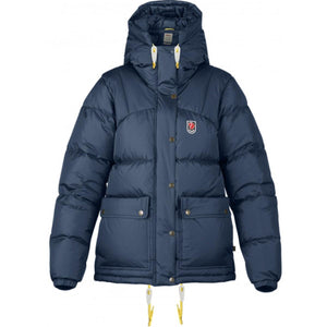Fjallraven Expedition down jacket in navy blue with hood and front pockets