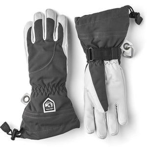 Hestra grey and white insulated ski gloves with adjustable wrist straps and drawcord cuffs