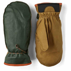Hestra leather mittens in green and tan with orange trim