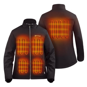 Venture Heat black softshell jacket showing front and back heating element zones