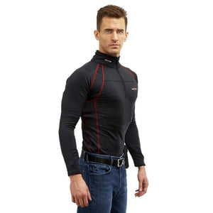 Man wearing a black long sleeve quarter zip base layer with red seam detailing