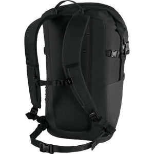 Back view of a black Fjallraven backpack with padded shoulder straps and mesh back panel