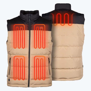 Mobile Warming tan and black heated vest showing front and back heating element zones