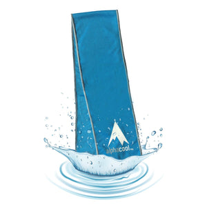 Blue Alphacool cooling towel standing in a water splash