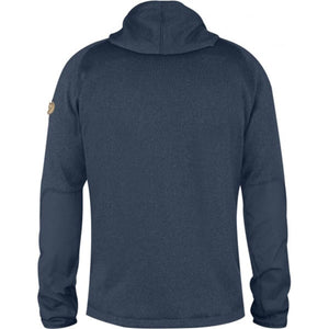 Back view of a navy blue Fjallraven hooded fleece jacket with reinforced elbow patches