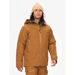 Person wearing a brown Marmot hooded jacket and a tan beanie