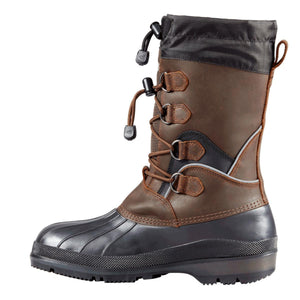 Baffin brown leather winter boot with black rubber shell and toggle lacing system