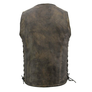Back view of Milwaukee Leather brown distressed leather vest with side lace detailing